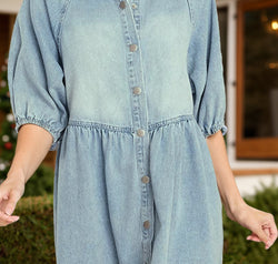 Raw Hem Snap Down Half Sleeve Denim Dress