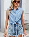 Collared Neck Sleeveless Denim Top