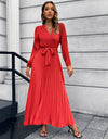 V-Neck Tie Waist Pleated Maxi Dress