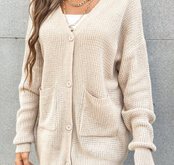 Button Front Drop Shoulder Waffle Cardigan