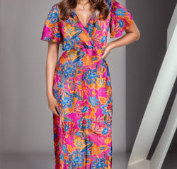 Printed Surplice Short Sleeve Maxi Dress