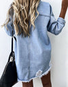 Raw Hem Collared Neck Long Sleeve Denim Jacket