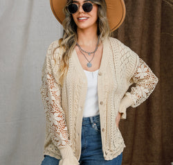 Eyelet Button Up Lantern Sleeve Cardigan