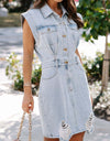 Distressed Half Button Sleeveless Denim Dress