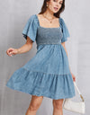 Smocked Square Neck Mini Denim Dress