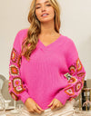 BiBi V-Neck Crochet Long Sleeve Sweater