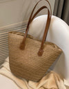 PU Leather Handle Straw Tote Bag