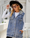 Drawstring Hooded Sleeveless Denim Top with Pockets