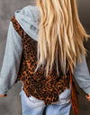 Leopard Distressed Drawstring Hooded Denim Jacket