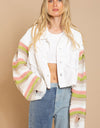 Distressed Striped Long Sleeve Denim Jacket