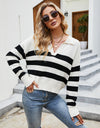 Striped Collared Neck Drop Shoulder Knit Top