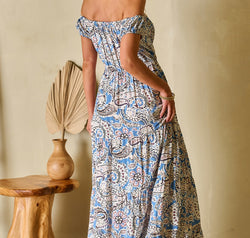 Printed Off-Shouder Short Sleeve Dress