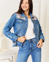 Baeful Leopard Floral Distressed Raw Hem Denim Jacket