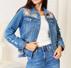 Baeful Leopard Floral Distressed Raw Hem Denim Jacket
