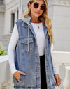 Drawstring Hooded Sleeveless Denim Top with Pockets