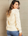 Woven Right Button Front Ribbed Lantern Sleeve Cardigan