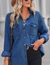 Collared Neck Dropped Shoulder Denim Top