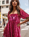 Sequin Square Neck Balloon Sleeve Romper