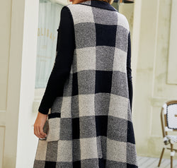 Plaid Open Front Sleeveless Cardigan with Pockets