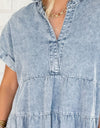 Raw Hem Notched Short Sleeve Denim Dress