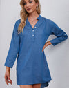 Half-Button Notched Neck High-Low Denim Dress