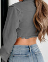 Raw Hem Button Up Cropped Denim Top