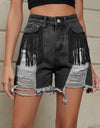 Fringe Trim Distressed Denim Shorts with Pockets