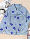 Pocketed Geometric Collared Neck Denim Jacket