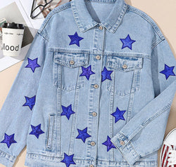 Pocketed Geometric Collared Neck Denim Jacket