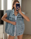 Pocketed Button Up Cap Sleeve Denim Jacket