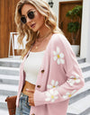 Floral Ribbed Trim Drop Shoulder Cardigan