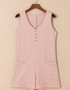 Waffle-Knit Half Button Sleeveless Romper with Pockets