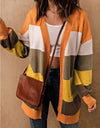 Color Block Lantern Sleeve Open Front Cardigan with Pockets