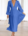 Deep V-Neck Balloon Sleeve Plain Maxi Dress