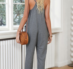 Spaghetti Strap Deep V Jumpsuit with Pockets