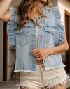 Raw Hem Ruffled Cap Sleeve Denim Jacket