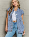 Collared Neck Sleeveless Denim Top with Pockets