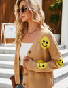 Smiley Face Ribbed Trim V-Neck Cardigan