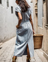 Slit Pocketed Half Button Denim Dress