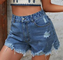 Distressed Raw Hem Denim Shorts