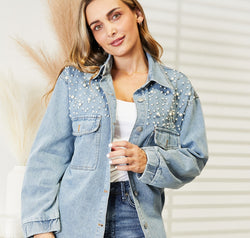 Collared Neck Raw Hem Dropped Shoulder Denim Jacket