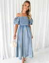 Off-Shoulder Balloon Sleeve Denim Dress