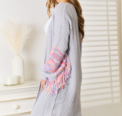 Woven Right Fringe Sleeve Dropped Shoulder Cardigan