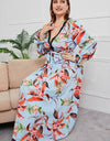 Plus Size Belted Surplice Flounce Sleeve Maxi Dress