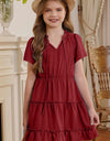 Girls Frilled Notched Neck Puff Sleeve Dress