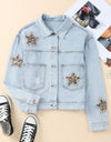 Leopard Star Applique Distressed Denim Jacket