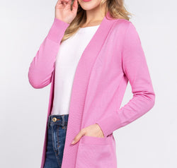 ACTIVE BASIC Ribbed Trim Open Front Cardigan
