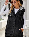 Drawstring Hooded Sleeveless Denim Top with Pockets