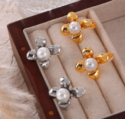 Synthetic Pearl Titanium Steel Flower Earrings