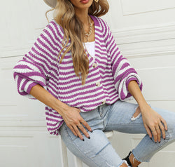 Striped Button Down Long Sleeve Cardigan